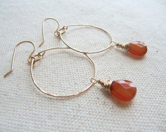 Gold Filled Hoop and Red Aventurine Gemstone Briolette Earrings, Teardrop, Wire Wrapped, Faceted,Orange,Apricot,Dangle,Beaded,Summer, Modern