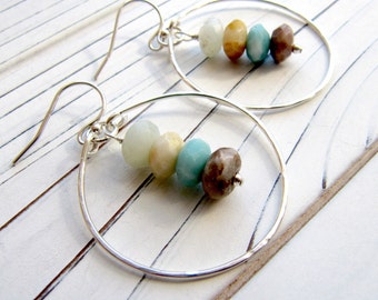 Sterling Silver Hammered Hoop and Amazonite Gemstone Earrings, Round, Textured, Light Blue, Mixed Stone, Dangle, Drop, Beaded,Wire Wrapped,