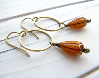 Orange Opaline Czech Glass Melon Drop Bead and Brass Hoop Earrings, Teardrop, Pear, Earthy, Boho, Dangle, Wire Wrapped, Fall, Rustic