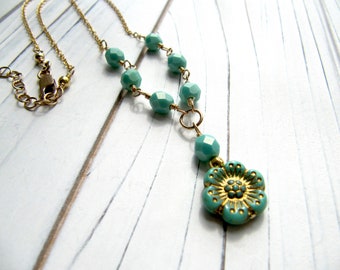 Gold Filled Chain and Turquoise Czech Glass Wild Rose Flower Pendant Necklace, Blue, Green, Aqua, Wire Wrapped, Summer, Floral, Tropical