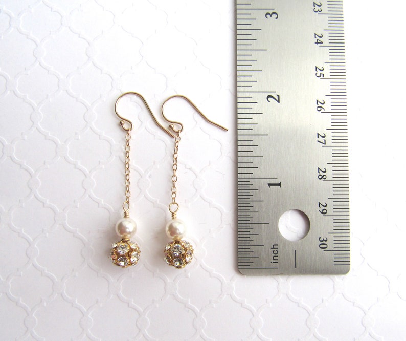 Long Swarovski Gold Rhinestone Ball and White Pearl Earrings, Clear Crystal, Gold Filled Chain, Dangle, Drop, Elegant, Bridal, Wedding image 7