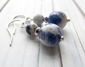 Blue Sodalite Gemstone and Sterling Silver Earrings, Wire Wrapped, Drop, Dangle, Denim, Navy, Chambray, Everyday, Gift for Her