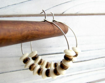 Sterling Silver Hoop Earrings, Beaded, Bone, Coconut Wood, Handmade, Statement, Cream, White, Brown, Earthy, Natural, Neutral, Summer, Beach