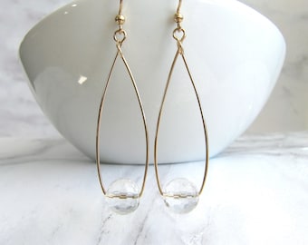 Gold Filled Teardrop Hoop and Clear Crystal Quartz Beaded Earrings, 14 karat, Handmade, Long, Dangle, Elegant, Modern, Special Occasion