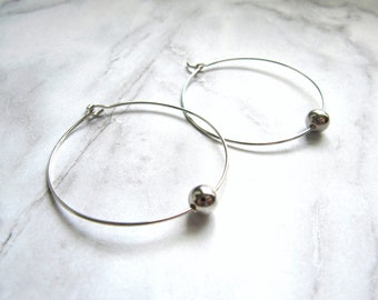 Sterling Silver Hoop Earrings, Beaded, Handmade, 1.5 inches, 38mm, Modern, Minimalist, Threader, Thin, Simple, Everyday, Classic