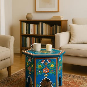 Tavolino marocchino colorato – Tavolino esagonale dipinto a mano – Arredamento Boho – Tavolo in legno artigianale di Marrakech