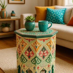 Tavolino marocchino dipinto a mano: tavolino decorativo colorato per interni boho e artistici
