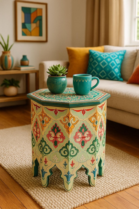 Hand-painted Moroccan Side Table – Colorful Accent Table for Boho