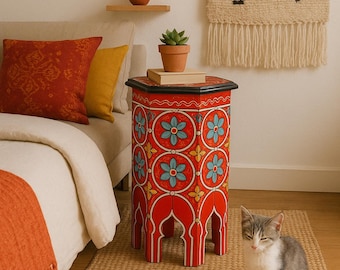 Bold Red Moroccan Side Table – Hand-Painted Floral Accent Table for Boho & Artistic Homes