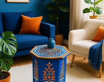 Blue handmade Side Table – Hand-Painted Accent Table from Marrakech | Hexagon Shape | Boho Traditional Decor