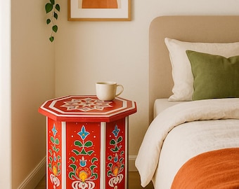 Red Moroccan Side Table – Hand-Painted Wooden Accent Table – Boho Nightstand – Artisan Marrakech Furniture