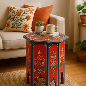 May include: A red, hexagonal side table with intricate floral designs in various colors. The table has a blue trim and legs. A small succulent, a mug, and a book rest on top. The table is placed on a woven rug.