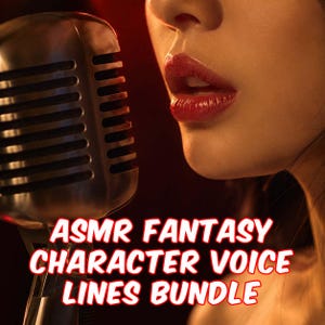 Op de afbeelding: Een vintage zilveren microfoon staat dicht bij de rode lippen van een persoon. De afbeelding bevat de tekst "ASMR FANTASY CHARACTER VOICE LINES BUNDLE" in rood en wit. De achtergrond is donkerrood.