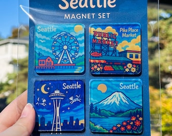 Seattle Landmark Magnet Set: Space Needle, Pike Place & Mount Rainier