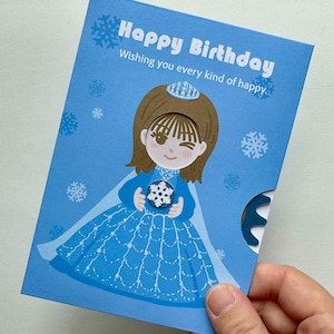 Cartão de feliz aniversário, tema de princesa da neve, interação de mudança de rosto, cartão de aniversário criativo para inverno e neve, azul e branco interativo