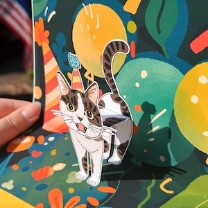 Carte d'anniversaire chat pop-up pour les amoureux des chats, carte drôle de chat 3D, miaou, carte pop-up animal faite main, cadeau d'anniversaire félin, fantaisiste