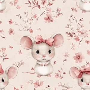 Könnte beinhalten: Ein sich wiederholendes Muster mit entzückenden Cartoon-Mäusen mit rosa Schleifen und rosigen Wangen. Die Mäuse sind von zarten rosa Blüten und Zweigen auf einem weichen, beigefarbenen Hintergrund umgeben, was ein skurriles und charmantes Design ergibt.