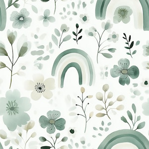 Könnte beinhalten: Aquarellmuster mit sanften grünen Regenbogen, Blumen und Blättern auf weißem Hintergrund. Das Design umfasst verschiedene florale Elemente und Blätterzweige, die eine skurrile und von der Natur inspirierte Ästhetik schaffen. Die Farbpalette ist gedämpft, mit Grüntönen, Beige und Weiß.