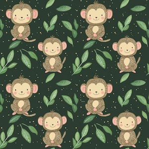 Könnte beinhalten: Nahtloses Muster mit Cartoon-Affen und grünen Blättern auf dunkelgrünem Hintergrund. Die Affen sind braun mit rosa Ohren und Füßen und lächeln. Die Blätter sind in verschiedenen Grüntönen gehalten.