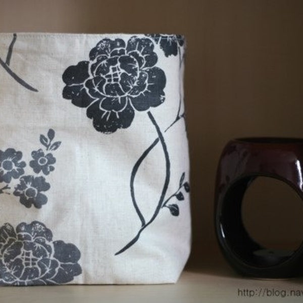 Fabric Basket - Natural Color Cotton Canvas and Oriental Style Big Floral Pattern Linen