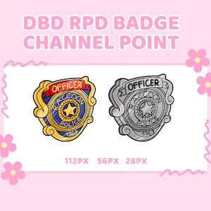 May include: Two Raccoon City Police Department badges, one gold and one silver, with the words "OFFICER", "RACCOON POLICE", and "1969" on them. The badges are 112 pixels wide, 56 pixels tall, and 28 pixels thick.