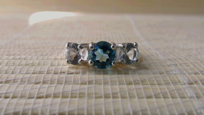 London Blue White Topaz Three Stone Ring Sterling Silver Made To Order