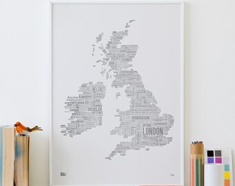 British Isles Foil Blocked Type Map, British Isles Word Map, British Isles Artwork, British Isles Font Map