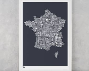 France Type Map Screen Print, France Word Map, France Font Map, France Screen Print, France Wall Artwork, France Map, France Wall Poster