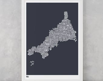 Cornwall Map, Cornwall Type Map Screen Print, Cornwall Type Map Wall Art, Cornwall Font Map, Cornwall Word Map, Cornwall Print