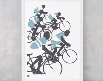 The 'Cyclist' Illustrated Art Print in Blue, Bike Print, Triathlon Wall Art, Bicycle Art Print