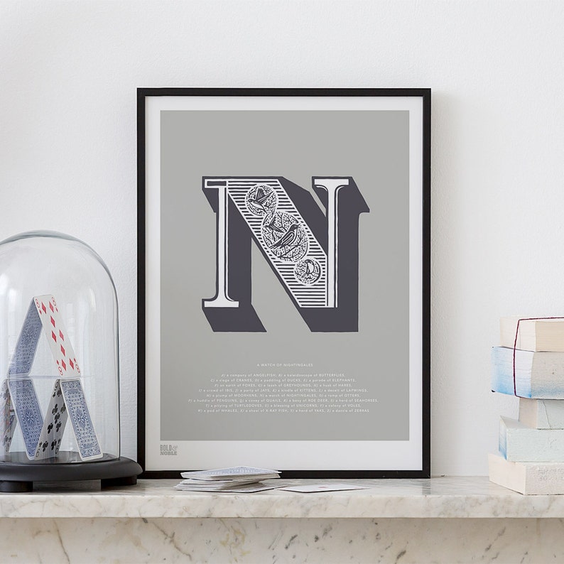 Carta ilustrada N, impresión de arte del alfabeto, letras ilustradas, N ilustrado, impresión de arte ilustrado, N, letra N cartel de la pared imagen 3