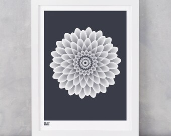 Dahlia Waterlily Art Print in Sheer Slate, Flowers Wall Art, Flower Design Screen Print, Garden Flowers Screen Print, Gardeners Gift