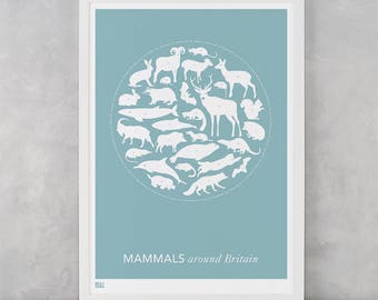 Mammals Around Britain Screen Print, Mammals Screen Print, Animals Wall Poster, Animals Wall Art, Britain Wall Art, Nature Wall Artwork