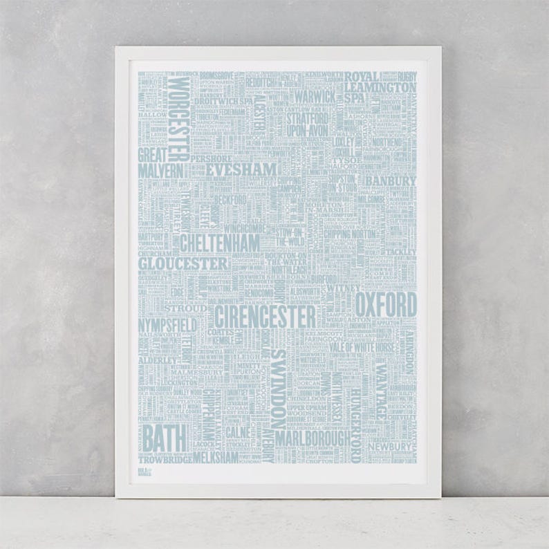 Cotswolds and Beyond Type Map Screen Print, Cotswolds Word Map, Cotswolds Font Map, Cotswolds Artwork, Cotswolds Wall Poster, Typography Art image 1