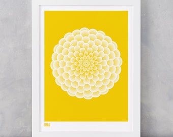 Dahlie Pompon Kunstdruck in leuchtendem Gelb, Blumen, Wandkunst, Blumen-Design-Siebdruck, Garten-Blumen-Siebdruck, Gärtner Geschenk