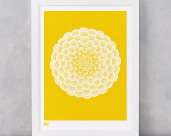 Dahlia Pompon Art Print in Bright Yellow, Flowers Wall Art, Flower Design Screen Print, Garden Flowers Screen Print, Gardeners Gift