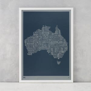 Australia Map Screen Print, Grey Australia Font Map, Limited Edition, Australia Word Map, Australia Text Map, Australia Wall Artwork