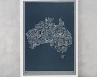 Australia Map Screen Print, Grey Australia Font Map, Limited Edition, Australia Word Map, Australia Text Map, Australia Wall Artwork