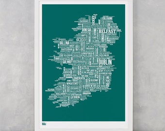 Ireland Map, Ireland Type Screen Print, Ireland Word Map, Ireland Wall Poster, Ireland Font Map, Ireland Wall Art Print, Ireland Art Print