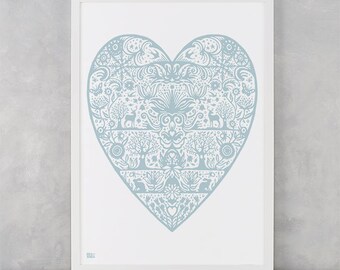 My Heart Screen Print, Pink Heart Wall Decor, Heart Wall Poster, Illustrated Heart Screen Print, Blue Heart Wall Design, Love Wall Poster