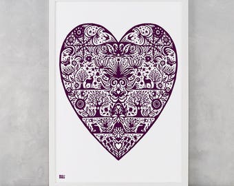 My Heart Screen Print, Pink Heart Wall Decor, Heart Wall Poster, Illustrated Heart Screen Print, Blue Heart Wall Design, Love Wall Poster