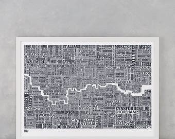 London and beyond Type Map, London Type Map, London Word Map, London Artwork, London Wall Poster, London Print, London Screen Print, London