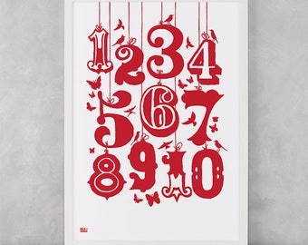 Count Numbers Screen Print, Numbers Wall Poster, Children's Wall Poster, Illustrated Wall Poster, Numbers Screen Print, Child's Screen Print