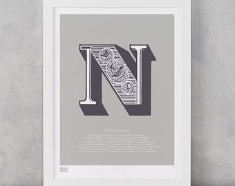 Illustrated Letter N, Alphabet Art Print, Illustrated Letters, Illustrated N, Illustrated Art Print, N, Letter N Wall Poster