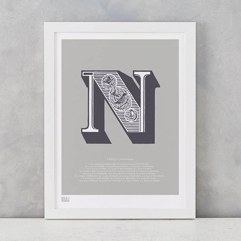 Carta ilustrada N, impresión de arte del alfabeto, letras ilustradas, N ilustrado, impresión de arte ilustrado, N, letra N cartel de la pared imagen 1