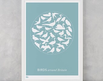 Bird Print, Birds Around Britain Screen Print, Birds Wall Art, Birds Wall Poster, Britain Artwork, Birds Screen Print, Animal Wall Art