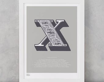 Illustrated Letter X, Letter X, Illustrated Alphabet Wall Poster, Illustrated Letters, Illustrated Alphabet, X, Letter X Art Print