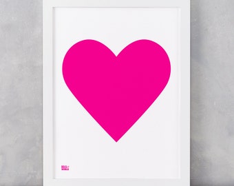 Love Heart Print, Neon Pink on White Card, Love Print, Heart Print, Artwork, Screen Print, Wall Decor