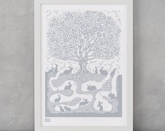 Rabbit 'Burrow' Screen Print, Animal Wall Art, Nature Wall Design, Grey Wall Art, Home Decor, Home Gifts