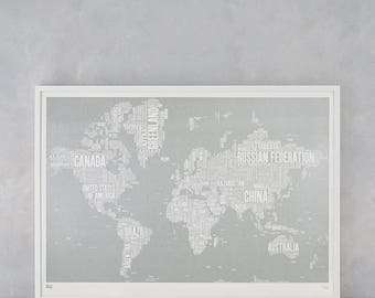 World Type Map Screen Print, World Type Map, World Word Map, World Wall Art, World Wall Poster, World Map, Gold World Map